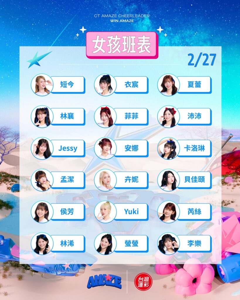 2026 台日棒球交流賽 2 月 27 日 CT AMAZE 啦啦隊女孩應援班表,包含林襄、短今、孟潔等 18 位豪華陣容。