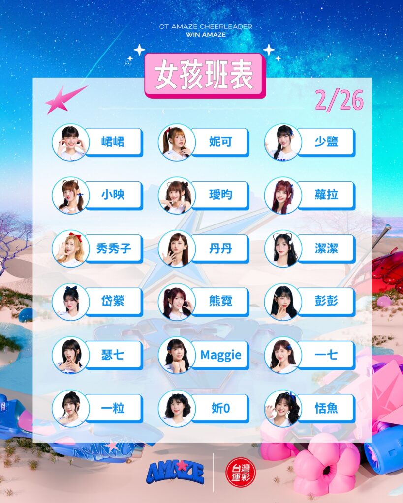 2026 台日棒球交流賽 2 月 26 日 CT AMAZE 啦啦隊女孩應援班表,包含峮峮、一粒、秀秀子等 18 位豪華陣容。