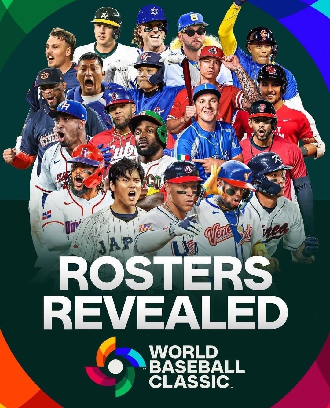 2026 WBC 官方釋出各國名單宣傳海報,中華隊「國防部長」張育成站在第三排中間,與各國球星同框。(圖片來源:WBC Official IG)