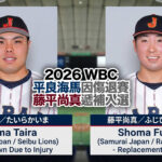 2026 WBC 日本隊球員異動：原定終結者平良海馬（左）因左小腿拉傷遺憾退賽，由去年 12 強賽表現完美的藤平尚真（右）緊急遞補入列。
